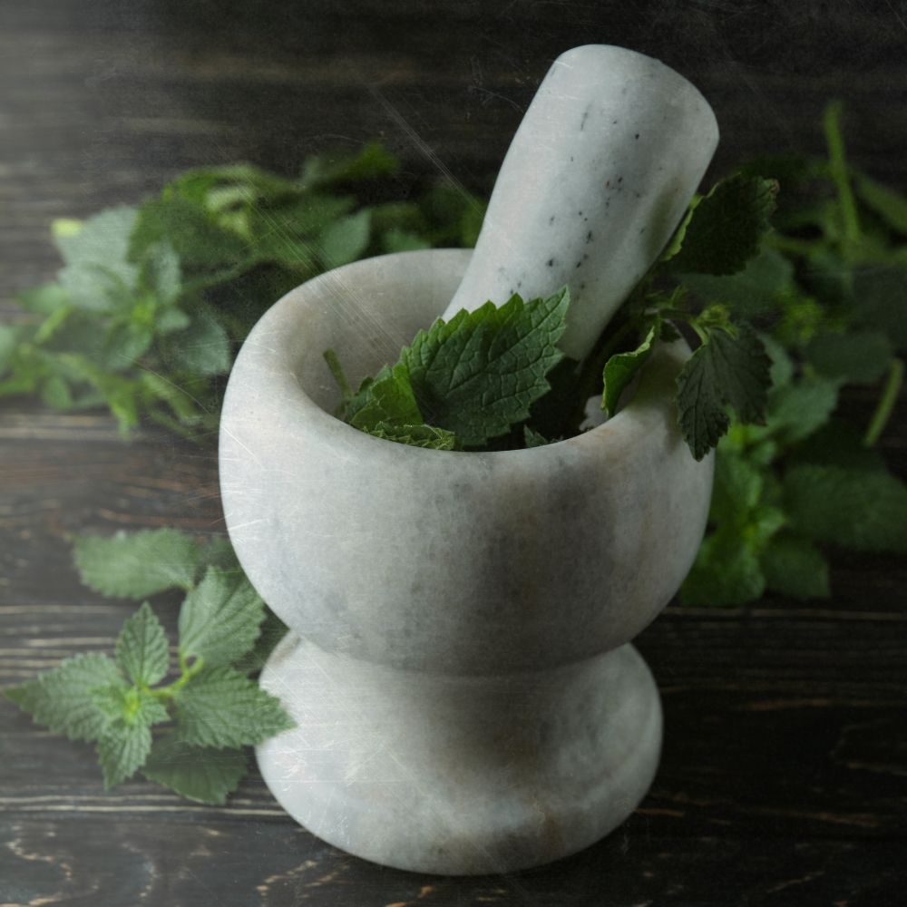 some nettles in a white pestle and mortar on a dark table as the backdrop indicating that nettles are good for hair health
