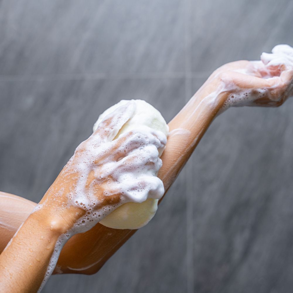 Showering with floral body soap
