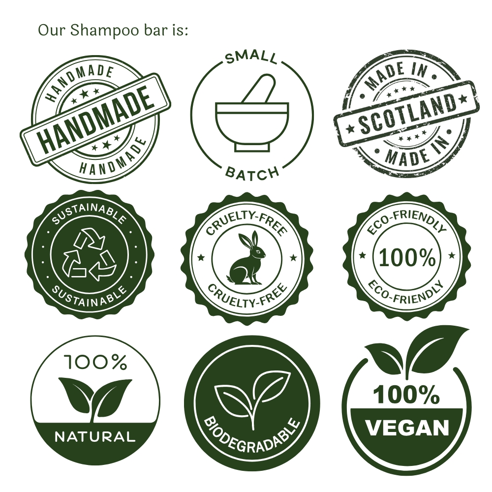 A picture showing all the tree tables that can convey what most important about of solid shampoo bar. Handmade, small Batches, made in Scotland, sustainable, cruelty free, 100% natural ingredients, biodegradable and vegan