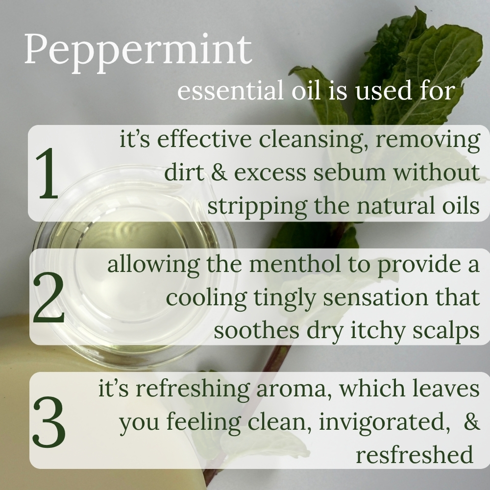 Picture of out solid shampoo bar with a sprig of fresh peppermint and some peppermint essential oils. with a list of 3 why peppermint essential oil is used.