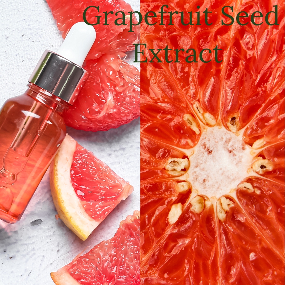 A close up picture of a grapefruit and its seeds on the right hand side and a picture of a bottle of a glass bottle filled with grapefruit seed extract.