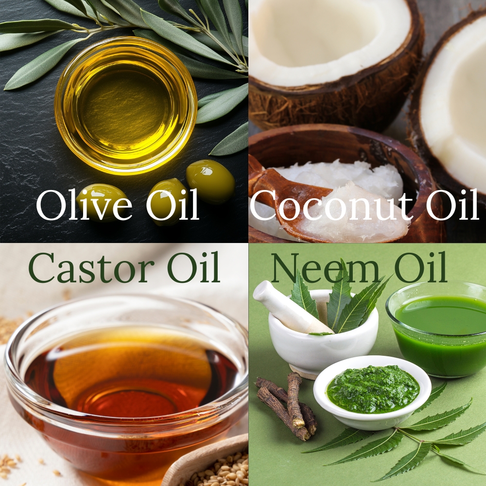 Picture and words showing the natural ingredients we use in our solid shampoo bar. Olive Oil, Coconut Oil, Caster Oil Neem Oil