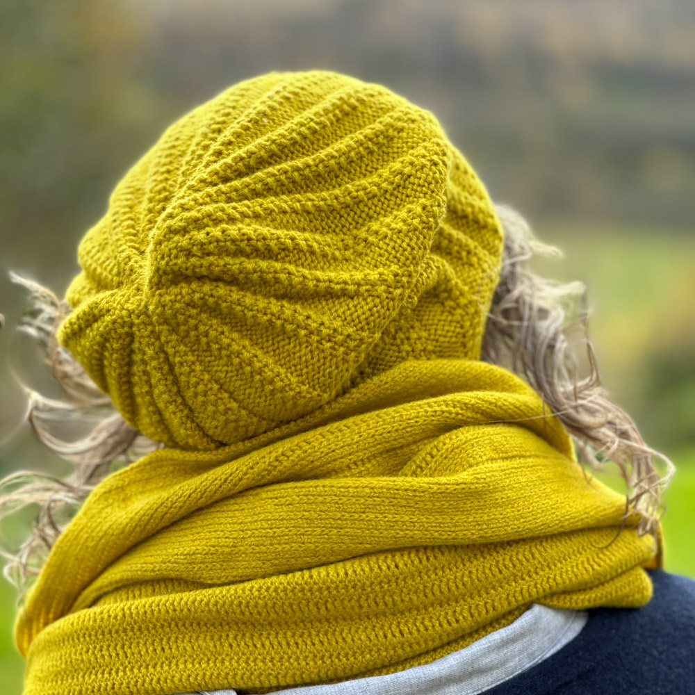 Hedged mustard infinity scarf and slouch hat
