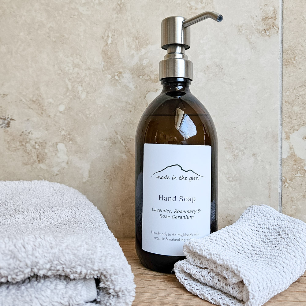 Liquid Hand Soap with Organic ingredients in an amber glass bottle and a metal pump and refill-1