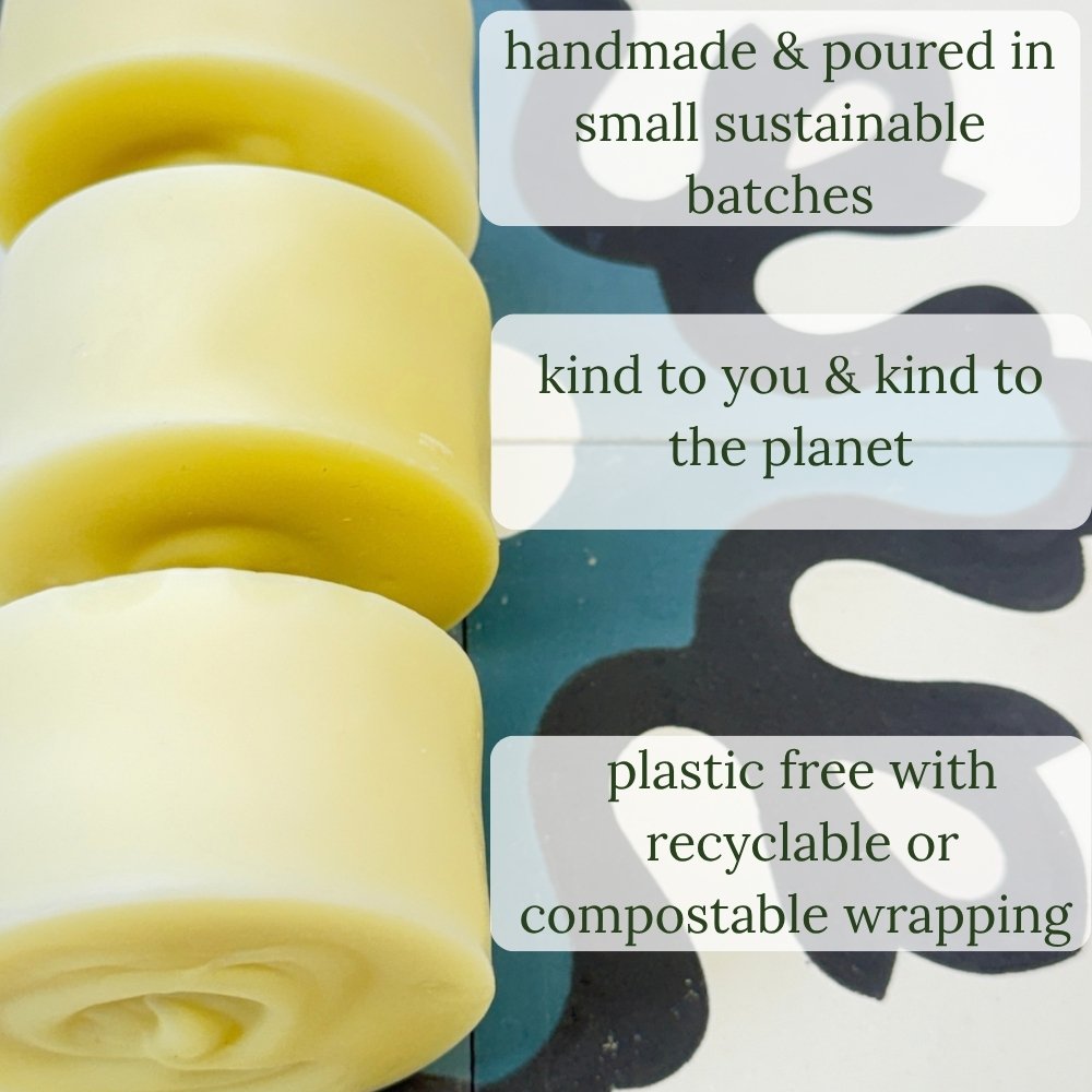 Three of our solid shampoo bars displayed in a column with the words giving 3 reasons why to swap tp our solid shampoo bar