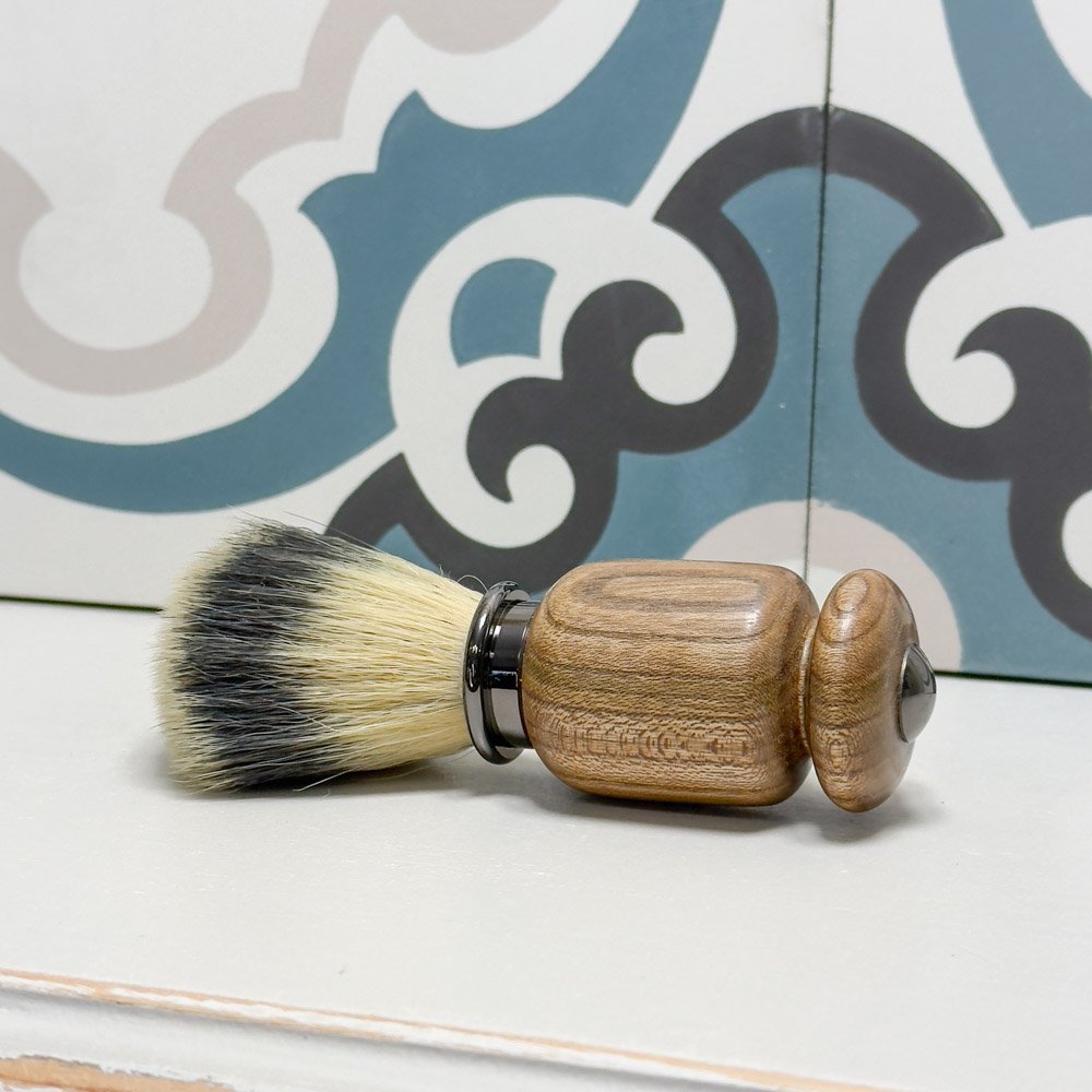 Traditional-shaving-brush-on-a-shavers-soap-and-a-whisky-cask-soap-dish-handmade-in-scotland