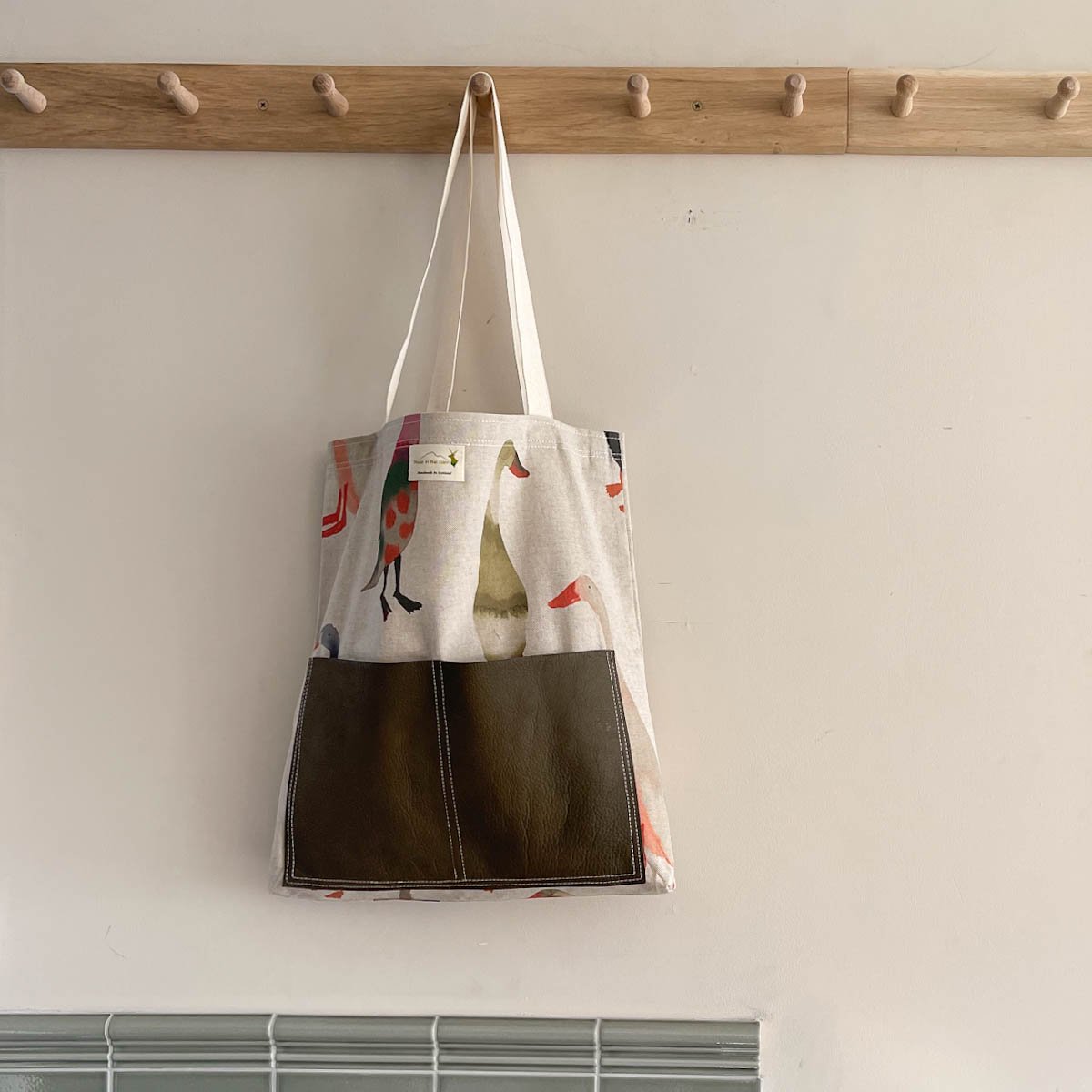 contrast leather and cotton tote bag