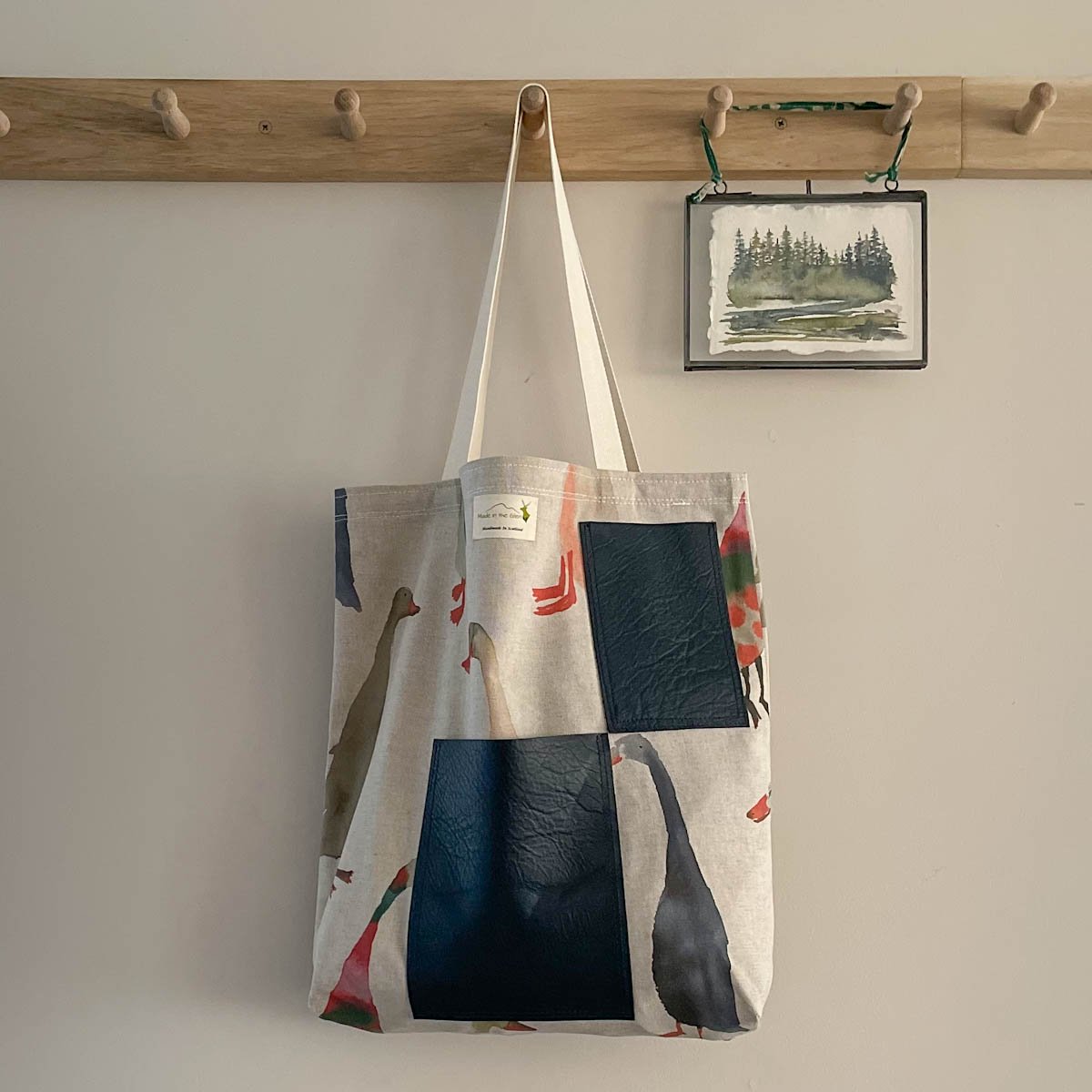 contrast leather and cotton tote bag