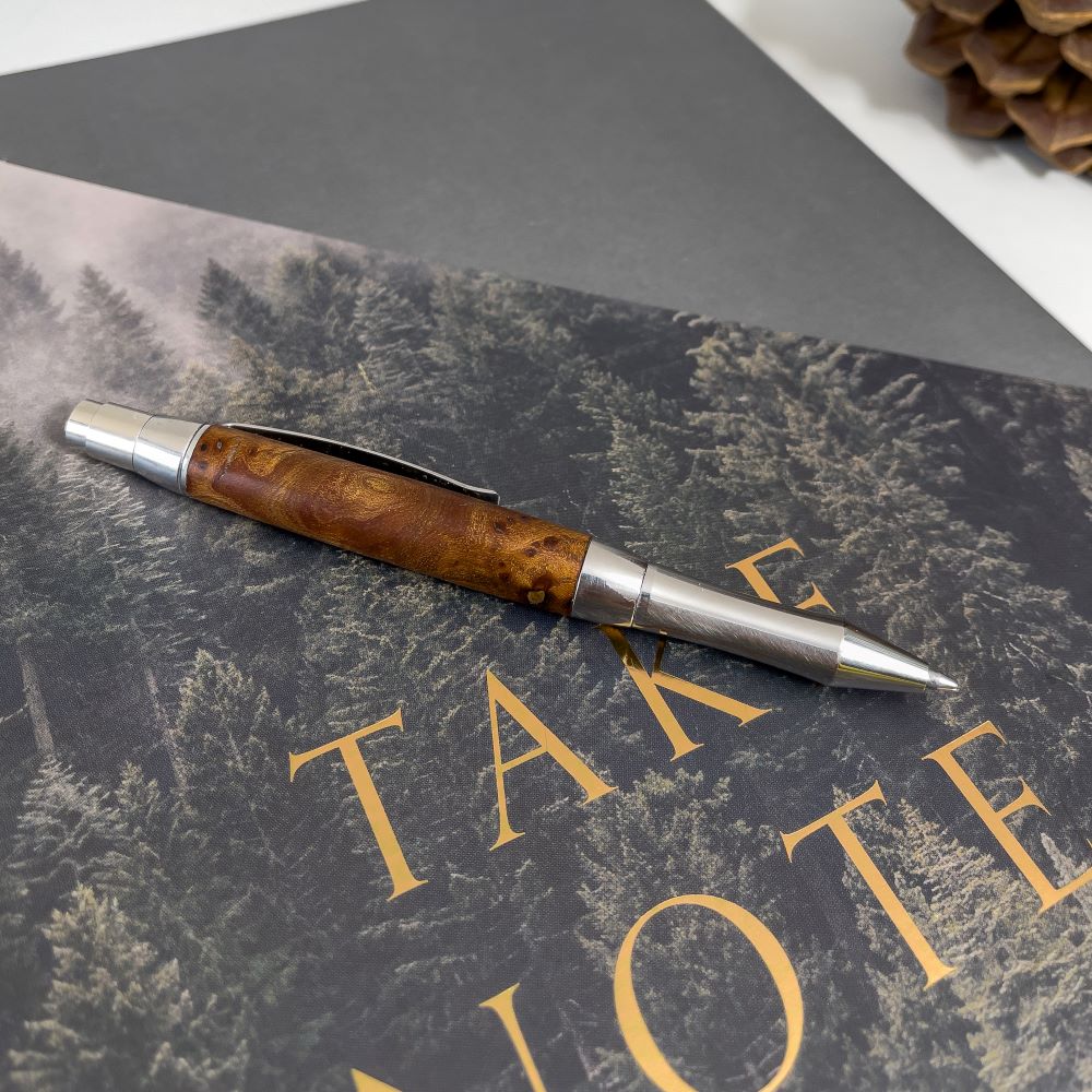 handmade wood pen made with uk british stainless steel and scottish elm ethical pen