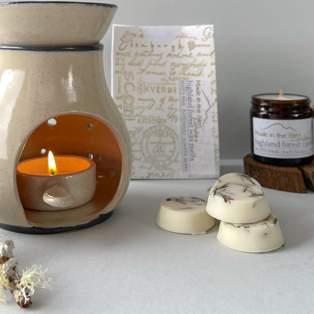 Highland Wax Melt Collection wax melts in highland inspired fragrances with hand thrown ceramic oil burner