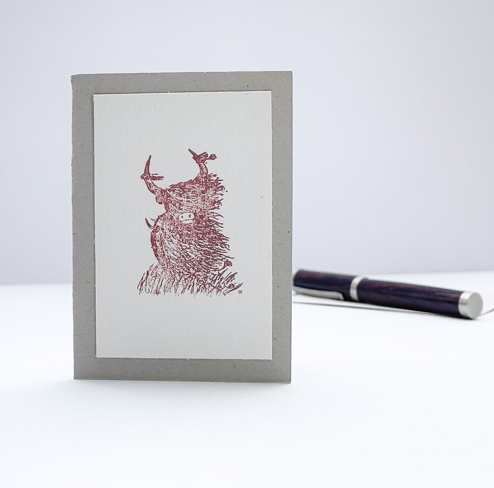 Naked Notelet a windswept coo. a cute highland cow stamped eco greeting card