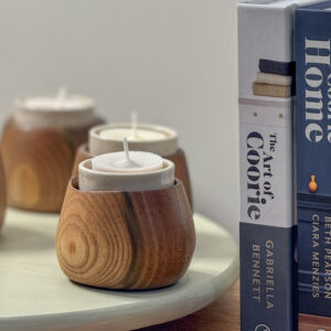Scottish elm Tealight Holder handmade in the highlands from local elm with a ceramic tealight holder and naked tealight