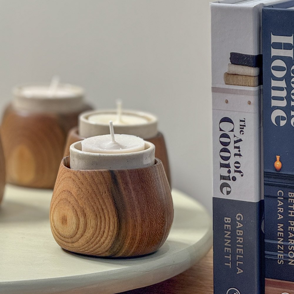Scottish elm Tealight Holder handmade in the highlands from local elm with a ceramic tealight holder and naked tealight