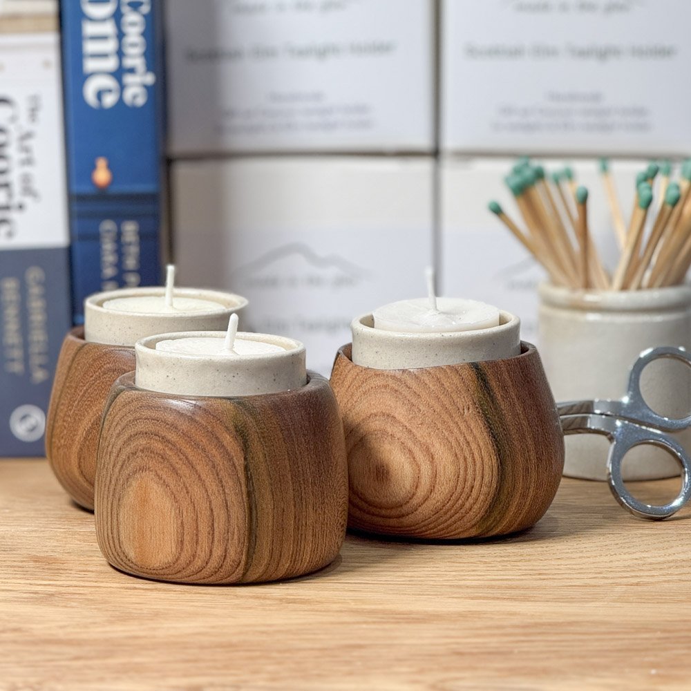 Scottish elm Tealight Holder handmade in the highlands from local elm with a ceramic tealight holder and naked tealight