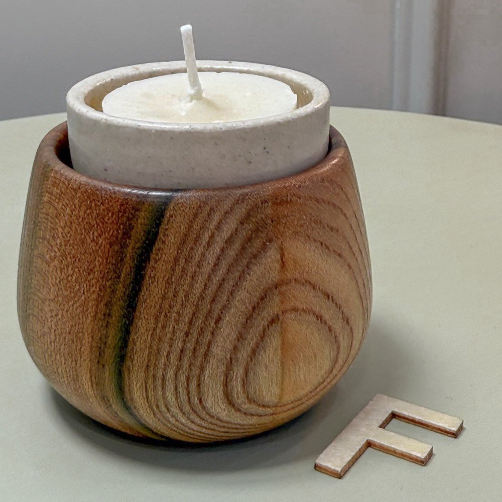 Scottish Elm locally sourced Elm turned into a tealight holder with a cute ceramic insert cup