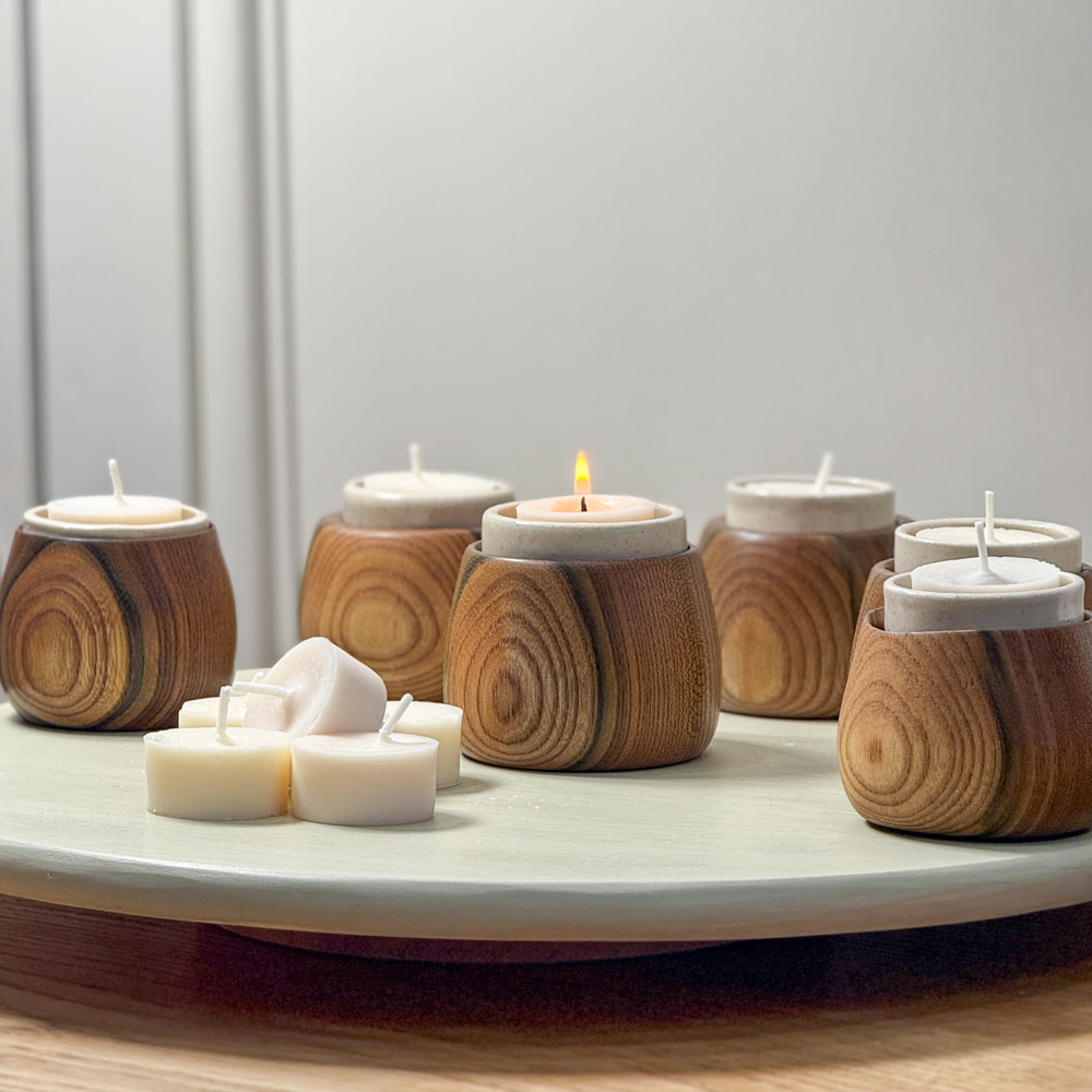 Scottish elm Tealight Holder handmade in the highlands from local elm with a ceramic tealight holder and naked tealight