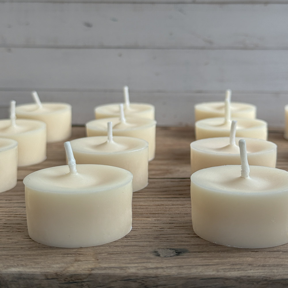 rows of naked tea lights by made in the glen handmade in Scotland woy wax tea lights