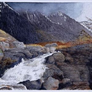 Scottish Mountain in watercolour with a burn running through it