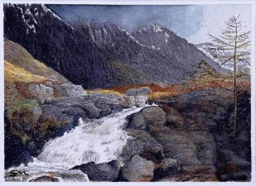 Scottish Mountain in watercolour with a burn running through it