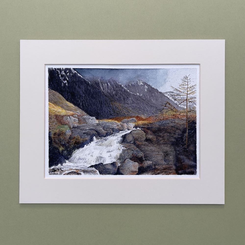 Watercolour painting of the rugged highland mountains in Scotland