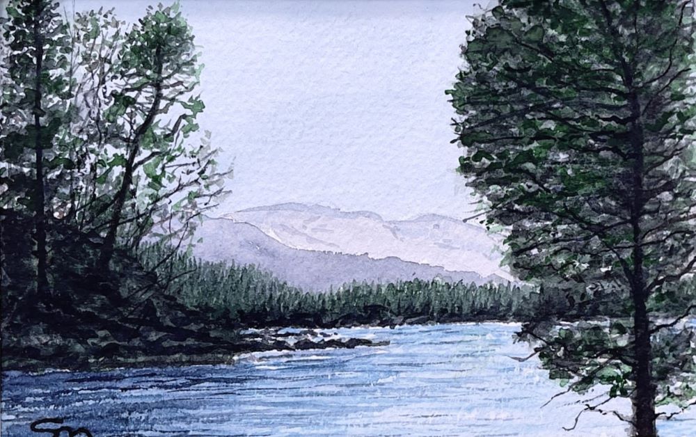 Watercolour painting of Loch Beinn a'Mheadhoin in Glen Affric Scotland
