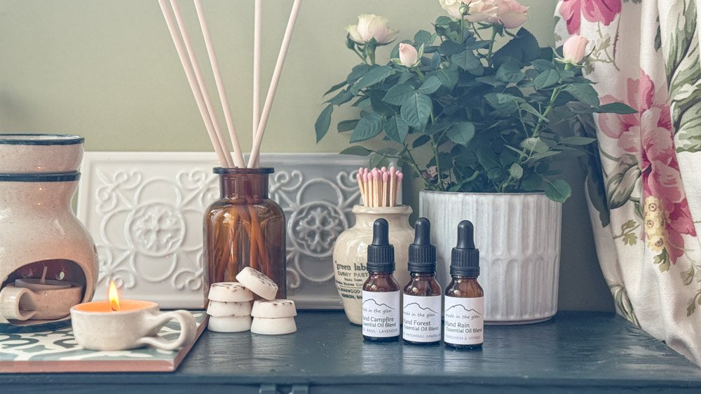 Highland Collection Essential oil blends, hand thrown ceramic oil burner and tea light cup, wax melts and naked tealights