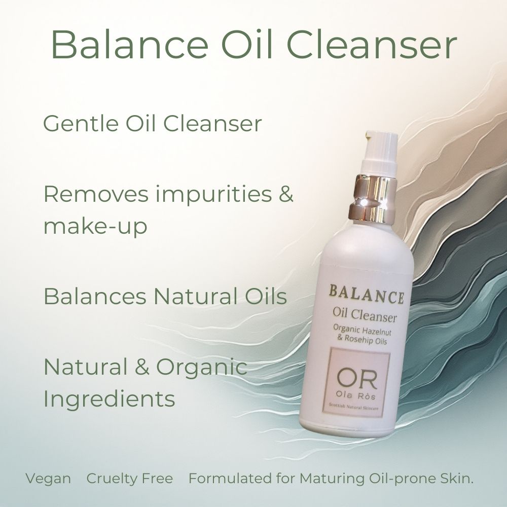 bottle of balance oil cleanser on a creamy pink and blue background and information about balance oil cleanser