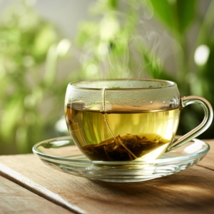 A cup of green tea in a glass cup and saucer on a wooden table with plants in the background depicting the idea that green tea is good for healthy skin