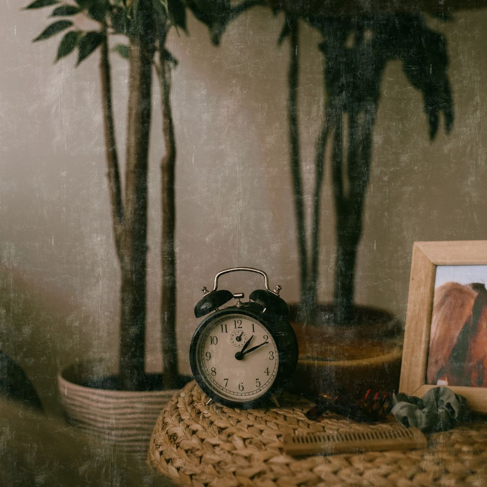 bedside table with clock on it and two houseplants behind, off to the right of thie image is a photograph in a frame, a hair band and comb are next to the clock