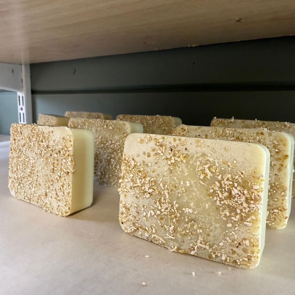 Scottish oat soap curing on the lab shelf