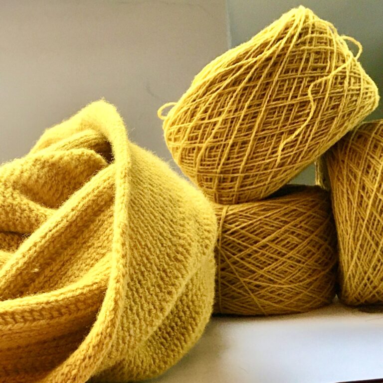 a ball of yellow scottish lambswool by todd * duncan that will be made into an infinity scarf at Made in the Glen