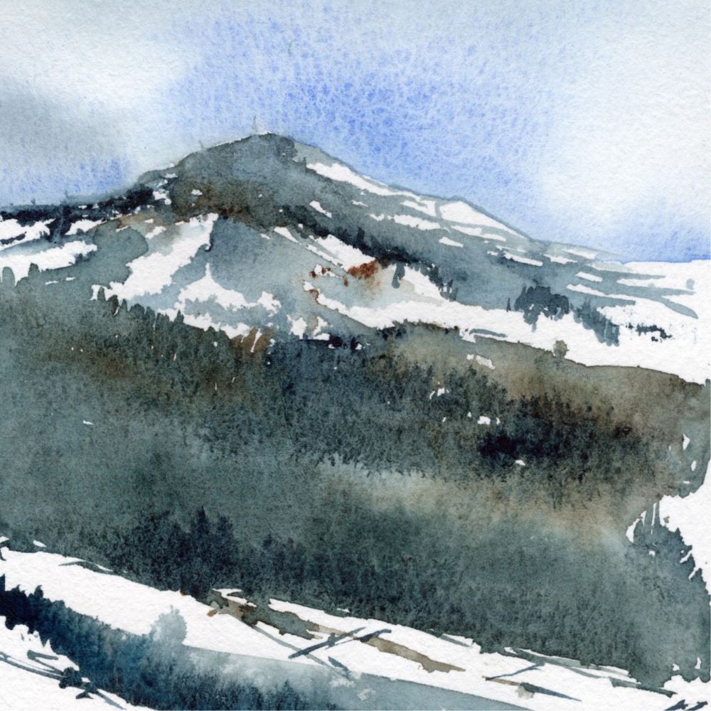 Highland Landscape watercolour greeting card by Julia Anne displayed with a matching envelope, highlighting UK printing in a square 150mm format.