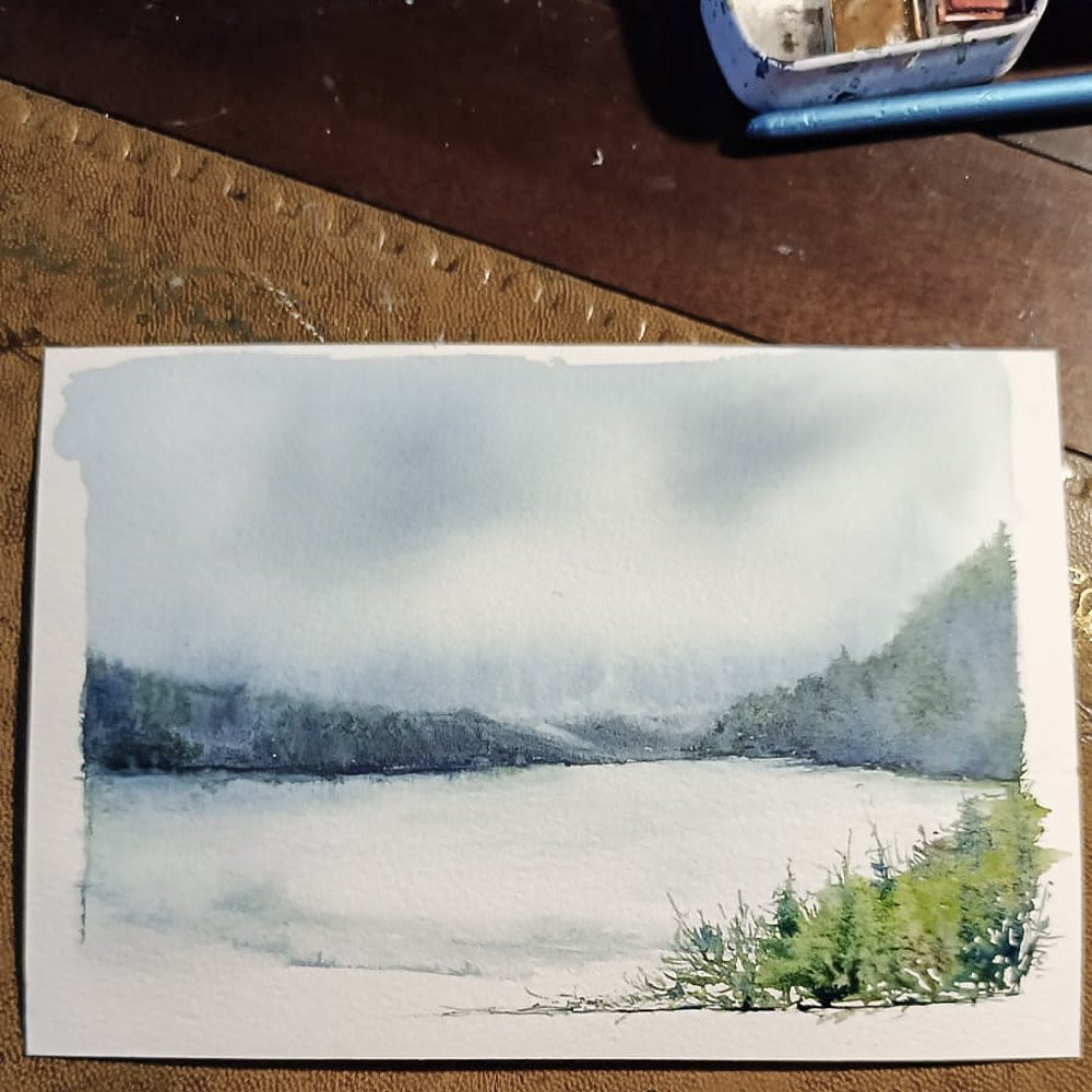 Original watercolour painting of Loch Ness by Julia anne, capturing misty waters and the serene Scottish Highland landscape.