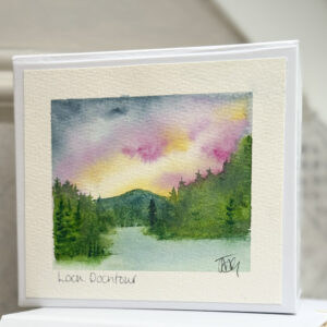 White Highland gift box with hand-painted Loch Dochfour artwork by Julia ann, including candle soaps and linen face cloth