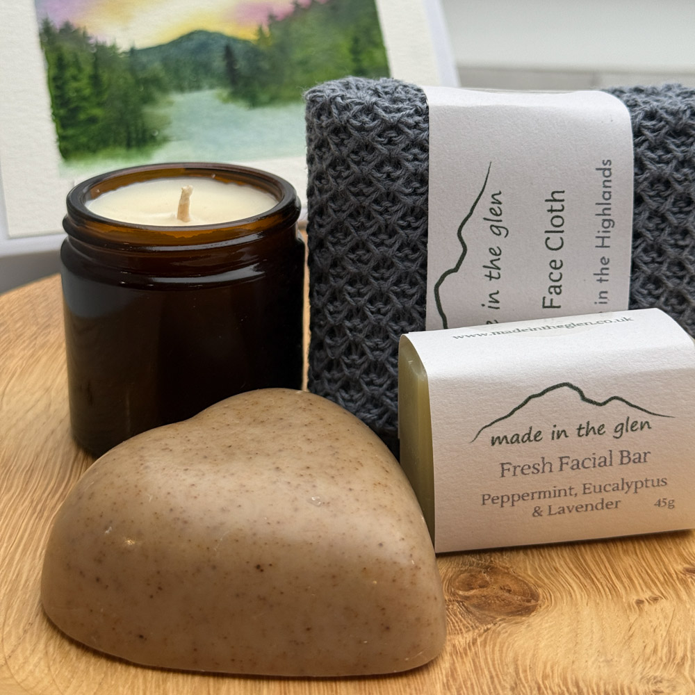 White Highland gift box with hand-painted Loch Dochfour artwork by Julia ann, including candle soaps and linen face cloth