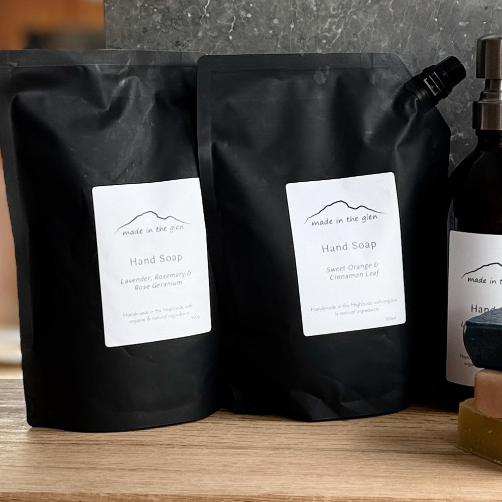 refill pouch for hand soap by Made in the Glen eco refills in black refill pouches for handmade soaps